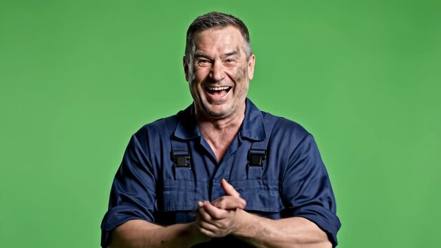 Joyful mature man laughing wearing work overalls on green background