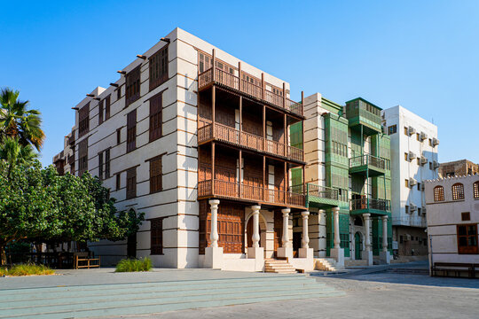 Traditional Hejazi building characterized by mashrabiya screens and wooden balconies in Al-Balad, the Old Town of Jeddah, Saudi Arabia