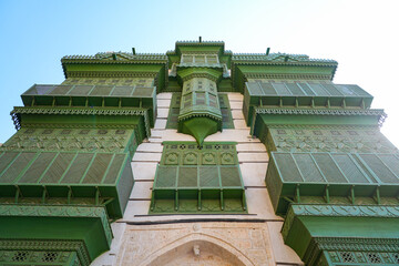 Obraz premium Traditional wooden Roshan balconies in the historic Al-Balad district, the Old Town of Jeddah, Saudi Arabia