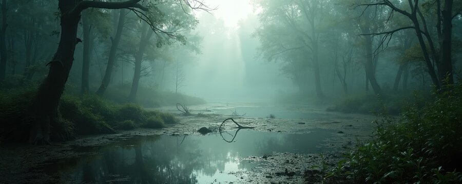 Misty forest swamp waterway scene. Dense fog obscures trees and reflects in still water. Rich green vegetation lines the banks. Eerie atmosphere.