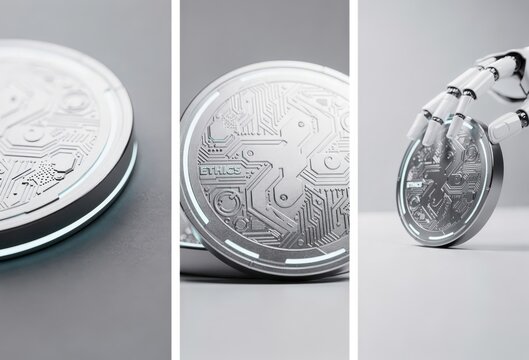 Ethical technology coin showcasing advanced circuitry design in a minimalist environment representing the intersection of innovation and moral responsibility