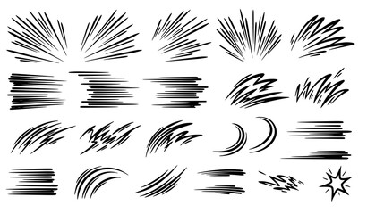 Manga motion effect lines with impact bursts and dynamic strokes vector isolated on white © Romjan