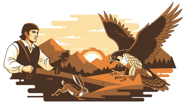 Man with hunting dog and falcon at sunrise