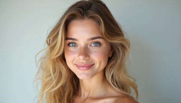 Close up portrait of young woman with wavy blonde hair, blue eyes smiling gently. Natural freckles visible on fair skin. Studio shot against light gray backdrop with soft lighting accentuating facial