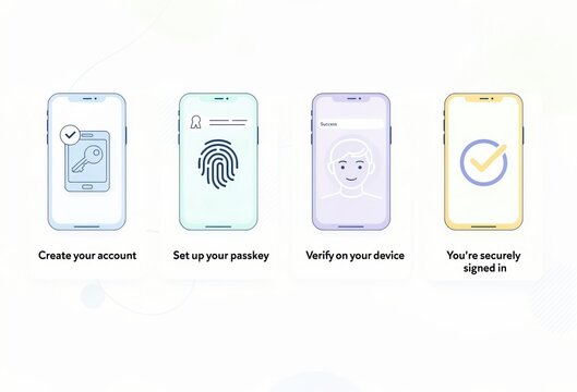 Seamless digital authentication process showcasing secure account creation, biometric verification through passkeys, and user friendly interface leading to ultimate digital security assurance