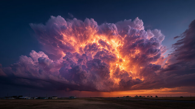 Supercell Thunderstorm Cloud Lit by Lightning at Dramatic Sunset