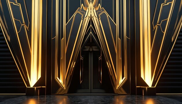 Ornate gold and black geometric facade with sharp angles. Symmetrical art deco building entrance. Luxurious modern structure with repeating patterns. Elegant architectural design.