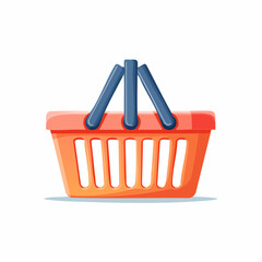 Fototapeta premium An orange shopping basket with blue handles on a white background, flat lay from above.