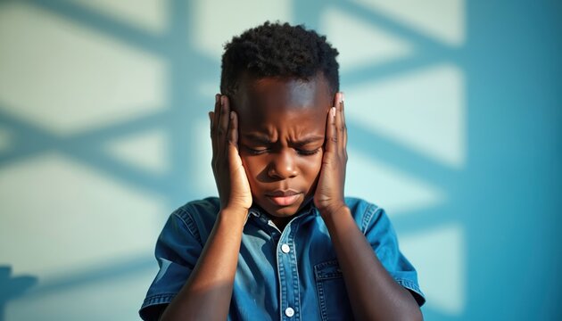 Young black boy child covers ears with hands. He shows distress from sensory overload or loud noise. Feeling overwhelmed with pain. Autistic kid struggles with hypersensitivity. Childhood struggles.