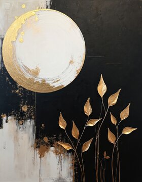 Abstract art with black, white and gold textures. Gold leaves on thin stems against dark background. Circular shape with textured gold accents.