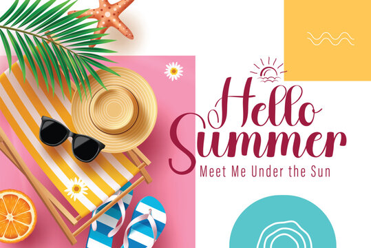 Hello Summer Vector Banner With Beach Chair Summer Hat Sunglasses Flip Flops And Tropical Leaves
