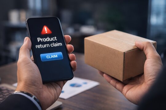 Product Return Claim Process with Customer Refund Request and E-commerce Issue Resolution Concept
