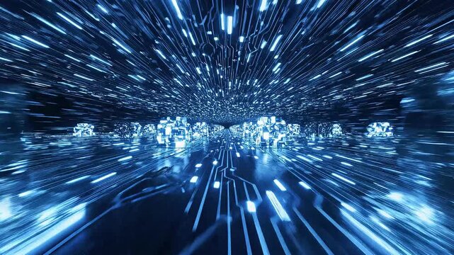 Data streams gliding through a digital circuit network in a supercomputer core