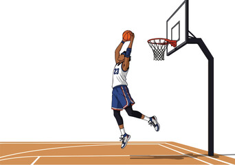 Basketball player in mid-air performing a slam dunk into the hoop on a court © Donjuan Studio