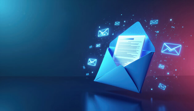 Digital illustration shows open envelope with document inside and glowing email icons flying around. Concept for email marketing and communication services. Offers for business and sales.