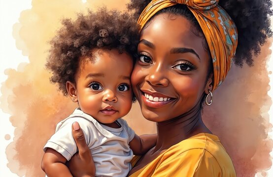 African American mom holds baby close. They smile happily together, warm tones create cozy atmosphere. Gentle watercolor art style shows love and bond. Mother and child, family love.