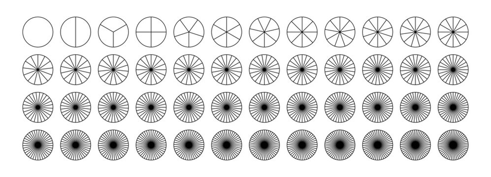 Pie or pizza chart template. Coaching blank. Parts of diagram wheel from 1 to 48. Segmented charts. Sectors divide the circle on equal parts. Outline black graphics. Pie charts, pizza charts collectio