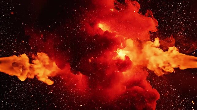 Intense red and orange smoke clouds colliding with glowing sparks in dark space
