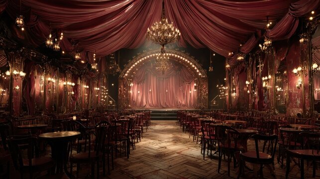 The opulent and vintage interior of a grand theater hall with a stage and seating