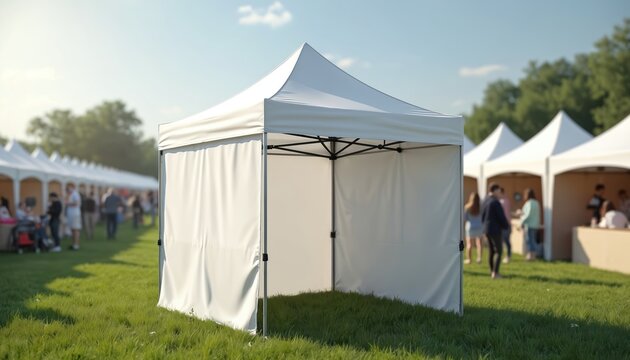 Blank white pop-up tent for outdoor markets or trade shows. Features ample copy space for branding. Ideal for businesses needing portable event shelter.