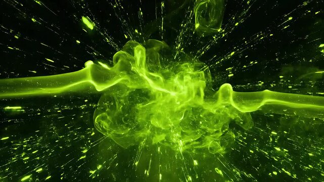 Neon lime green energy smoke colliding with glowing sparks in dark space