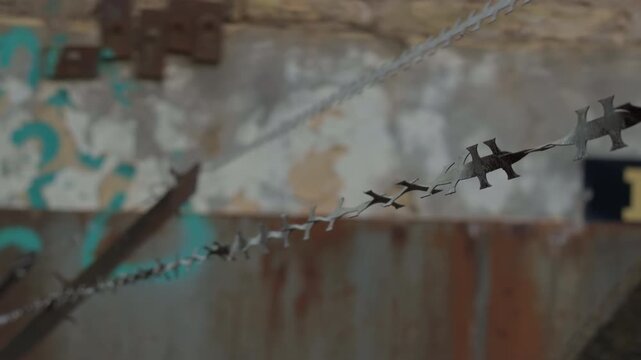 Barbed wire details. Detailed view of sharp barbed wire amidst deteriorated structures and ominous surroundings