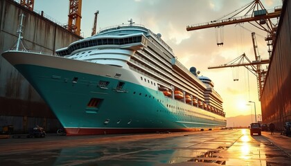 Naklejka premium Massive cruise liner sits in dry dock for upkeep at a busy shipyard. Cranes tower over vessel undergoing repairs. Maritime industry scene at sunset.