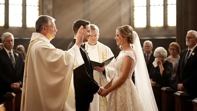Beautiful Wedding Ceremony in a Church with Bride and Groom Exchanging Vows.