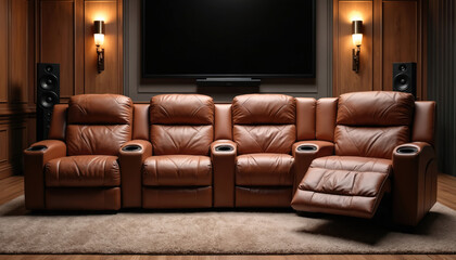 Fototapeta premium Brown leather sectional recliner seats with cup holders in a home theater. Enjoy movie night in comfort with this luxurious, padded seating arrangement for watching films.