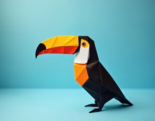 Obraz premium Origami toucan figure stands on bright blue background. Paper bird with yellow beak, orange chest, white neck, black body details. Simple studio shot.