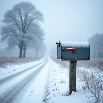 Snow covered mailbox sits beside country road during winter. Frosty trees line lane, creating peaceful winter scene. Cold weather, rural landscape, quiet atmosphere.