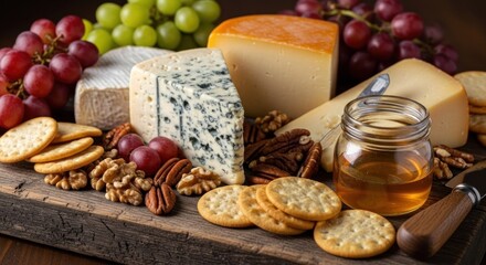 Fototapeta premium Assorted Cheese and Crackers with Honey and Nuts.