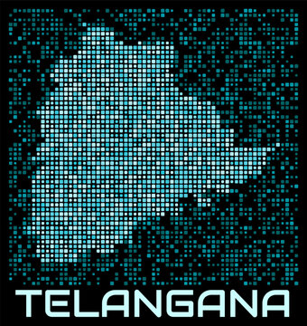 Telangana, India digital dotted map. Shape of the state in cyan color palette on dark background. Futuristic Telangana, India map design. Vector illustration.
