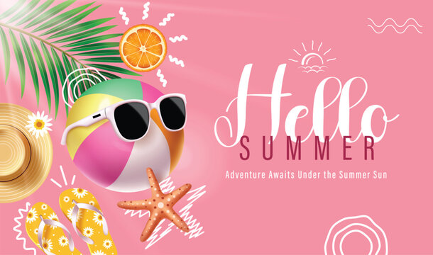 Hello Summer Vector Banner with Beach Ball, Sunglasses, Flip Flops, and Tropical Elements on Pink