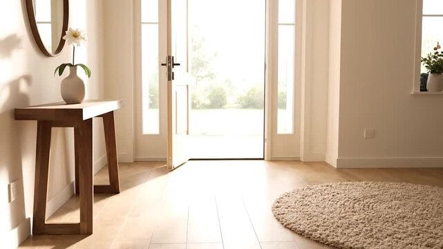 A sunlit hallway features an open door with a glimpse of a garden, with a vase and mirror