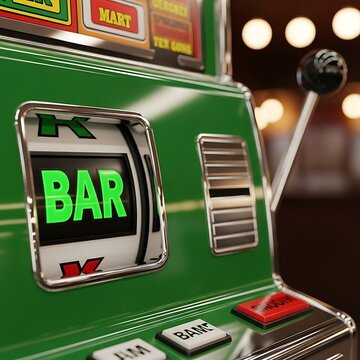 Close-up of a vintage slot machine with the BAR symbol displayed.
