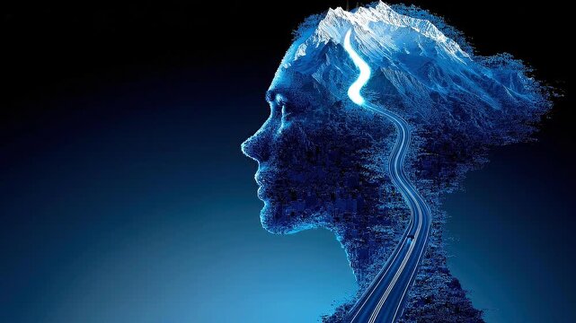 Luminous pathway traveling through mountain shaped human mind illustrating structured roadmap for mindset reset and renewal.
