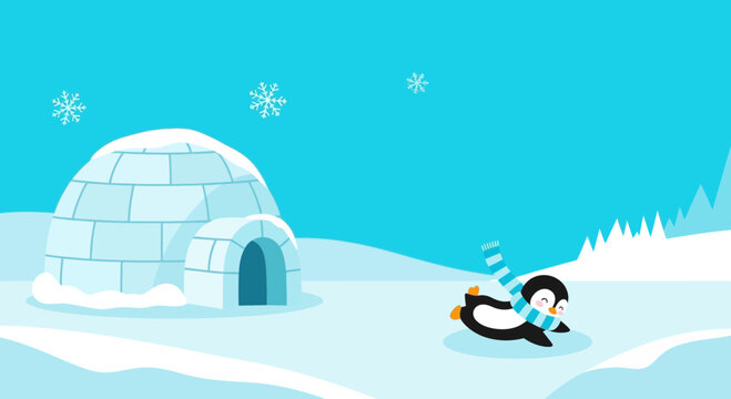 Charming Penguin Sliding Near Igloo in Snowy Landscape