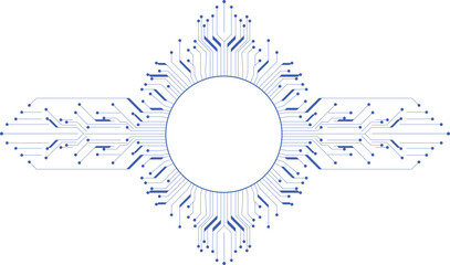 Obraz premium Blue circular circuit board, horizontal, in a futuristic style. For technology and engineering projects. Symmetrical node patterns. Science fiction designs and electronics concepts.