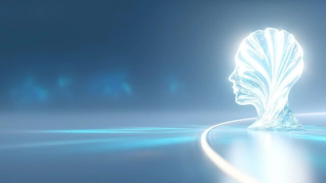 Luminous learning pathway entering transparent glass head symbolizing knowledge integration and strategic cognitive development.