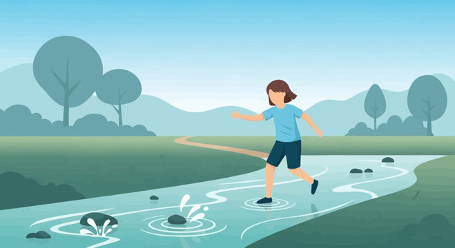 Child Playing By A Serene Stream During A Sunny Day