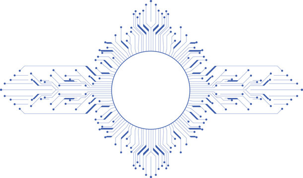 Blue circular circuit board, horizontal, in a futuristic style. For technology and engineering projects. Symmetrical node patterns. Science fiction designs and electronics concepts.