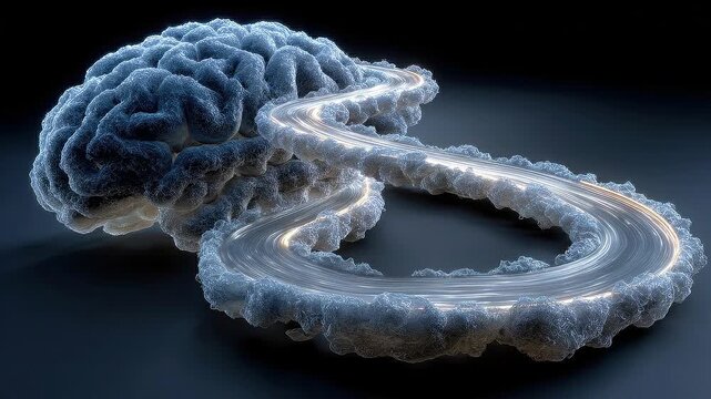 Glowing strategic pathway circulating through cloud-like brain structure symbolizing structured mindset recovery and cognitive rebuilding.