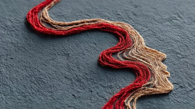 Woven thread pathway forming human head silhouette visualizing leadership mindset transformation and strategic thinking evolution.