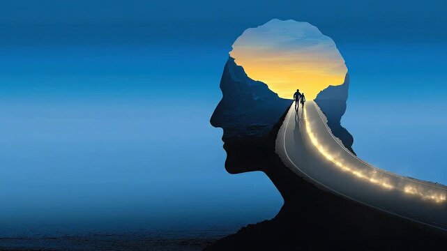 Mastery roadmap inside human mind silhouette showing long-term learning progression toward future expertise horizon.