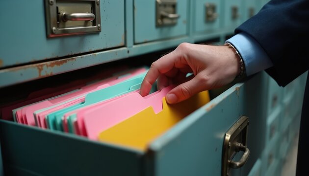 Person searches through colorful folders in old filing cabinet. Hand opens drawer finding important papers for work or study. Organizing documents for business.