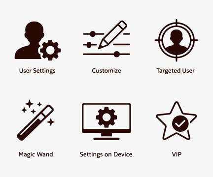 A set of Personalization icons focuses on simplicity, elegance, and ease of recognition. Vector Sign for Logos, Labels, and Icons.