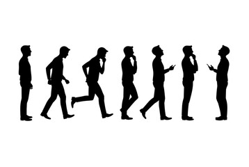 Obraz premium Seven people walking and using phones in a line on white background
