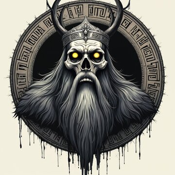 Undead Viking Lich King portrait with glowing eyes and long white beard. Fearsome skull wears crown and horns. Norse runes circle head. Dark art style.