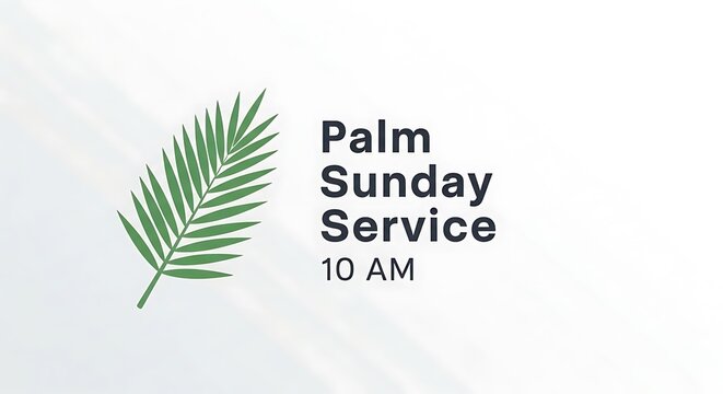 Clean corporate church style, palm leaf icon left side, text &ldquo;Palm Sunday Service 10 AM&rdquo;